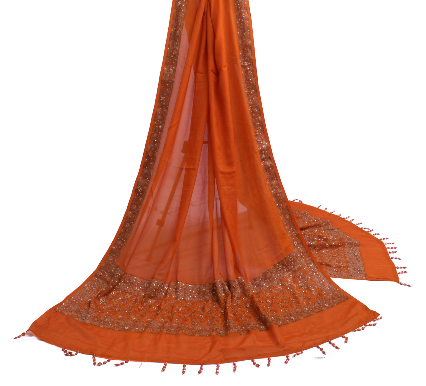 Sushila Vintage Orange Dupatta Pure Georgette Silk Hand Beaded Long Stole Veil
