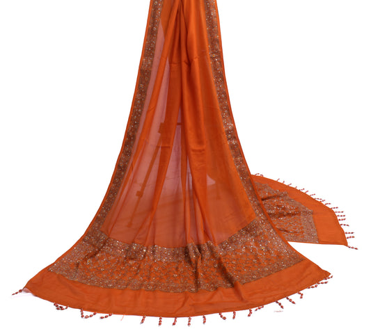 Sushila Vintage Orange Dupatta Pure Georgette Silk Hand Beaded Long Stole Veil
