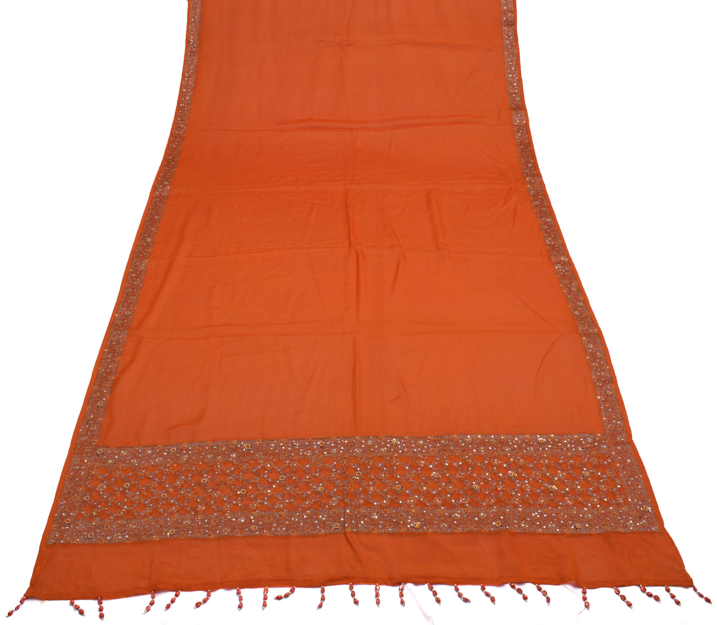 Sushila Vintage Orange Dupatta Pure Georgette Silk Hand Beaded Long Stole Veil
