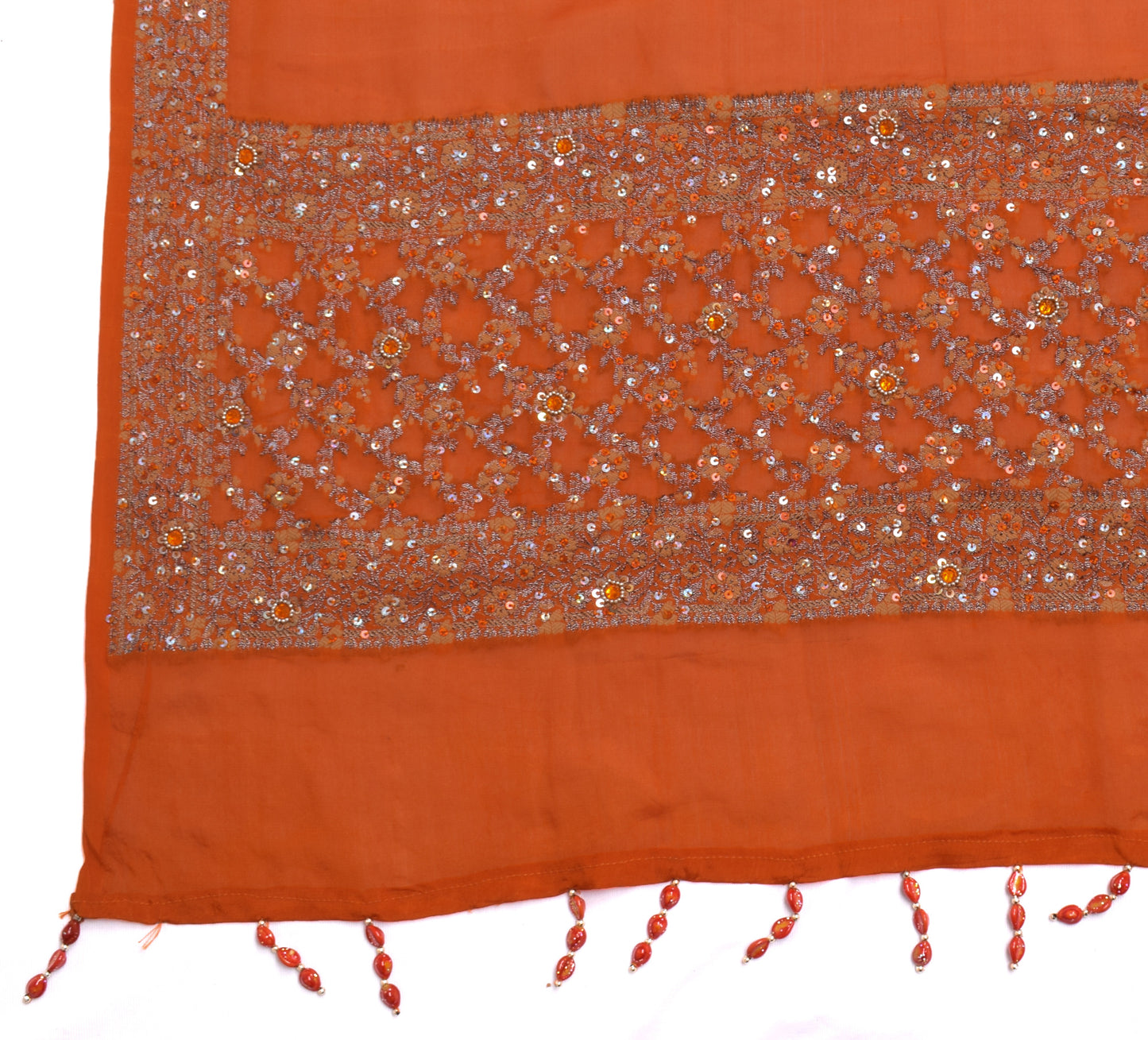 Sushila Vintage Orange Dupatta Pure Georgette Silk Hand Beaded Long Stole Veil
