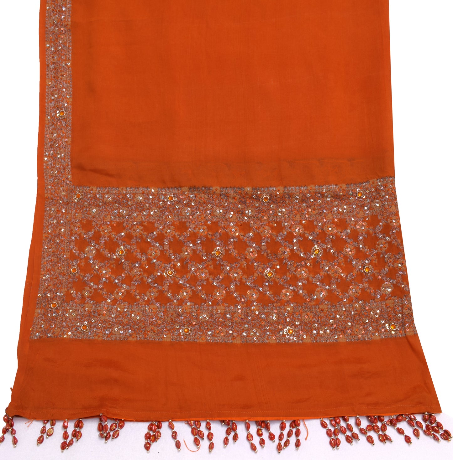 Sushila Vintage Orange Dupatta Pure Georgette Silk Hand Beaded Long Stole Veil