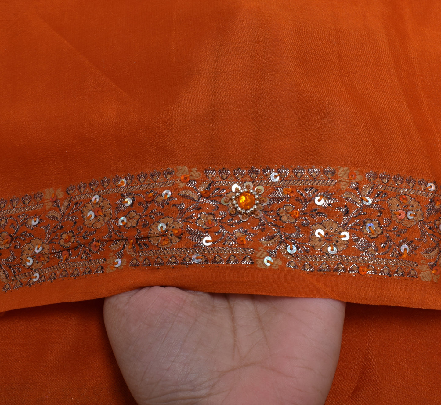 Sushila Vintage Orange Dupatta Pure Georgette Silk Hand Beaded Long Stole Veil