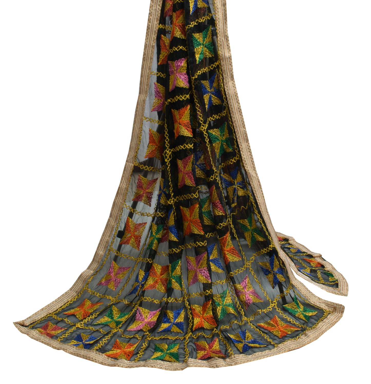 Sushila Vintage Black Dupatta Blend Chiffon Silk Phulkari Embroidered Long Stole