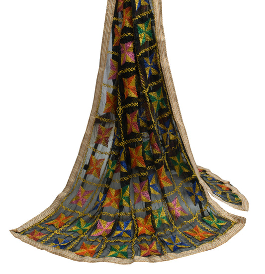 Sushila Vintage Black Dupatta Blend Chiffon Silk Phulkari Embroidered Long Stole