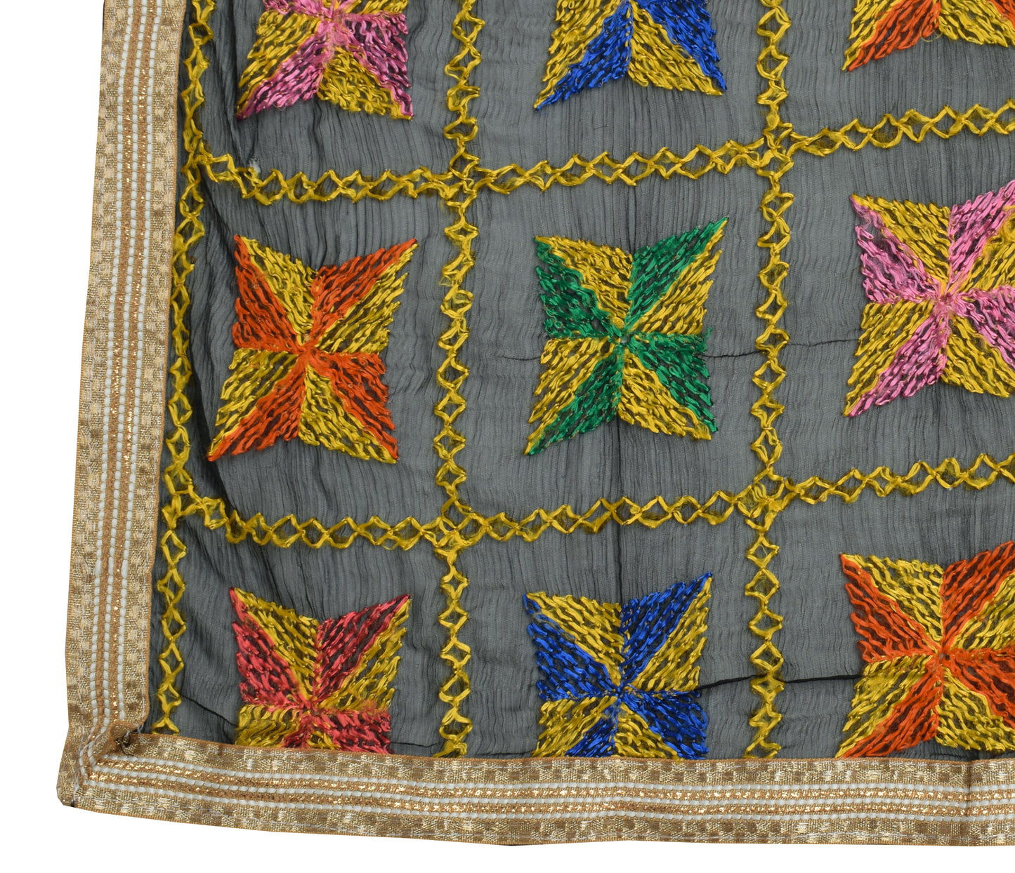 Sushila Vintage Black Dupatta Blend Chiffon Silk Phulkari Embroidered Long Stole