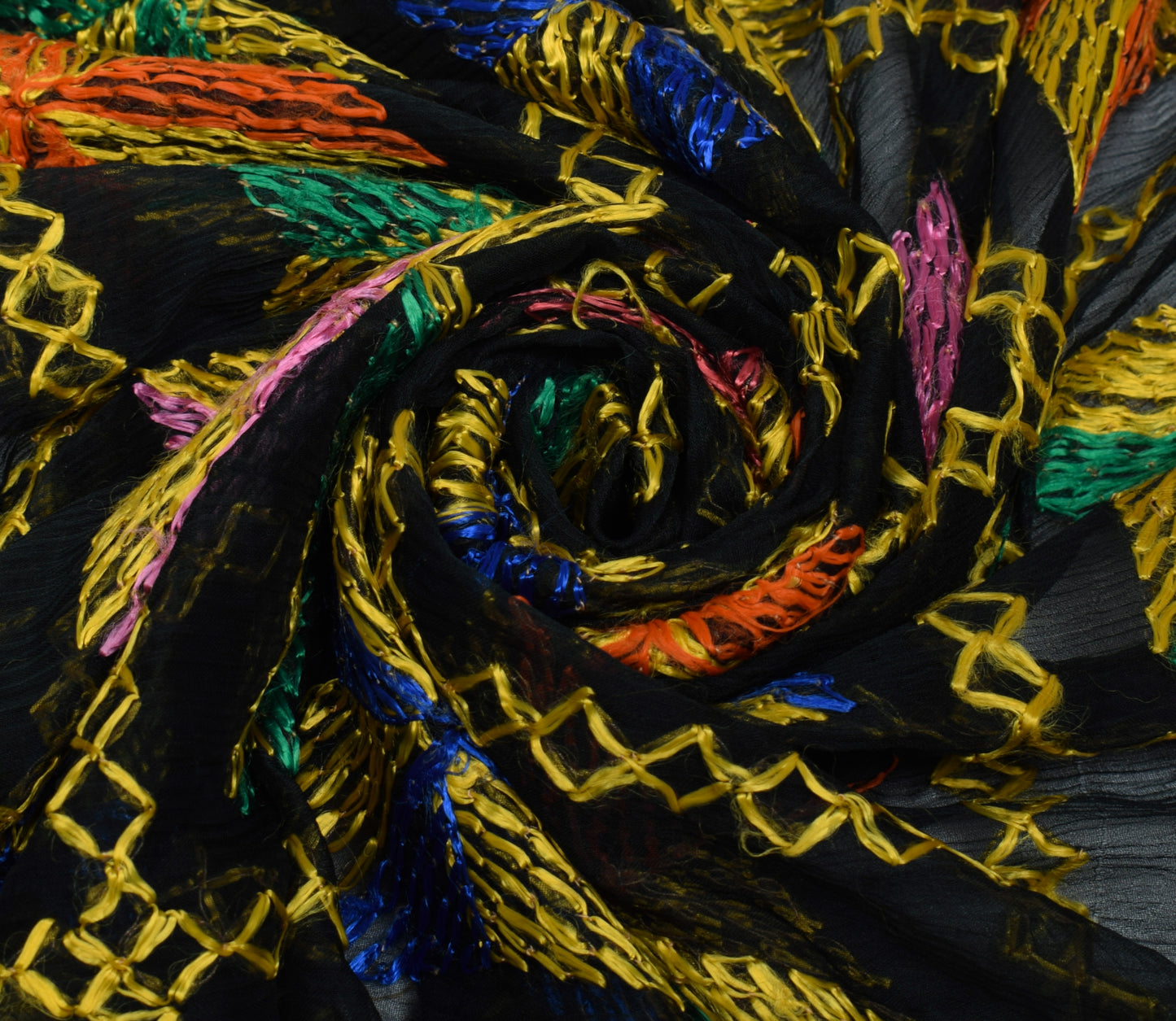 Sushila Vintage Black Dupatta Blend Chiffon Silk Phulkari Embroidered Long Stole