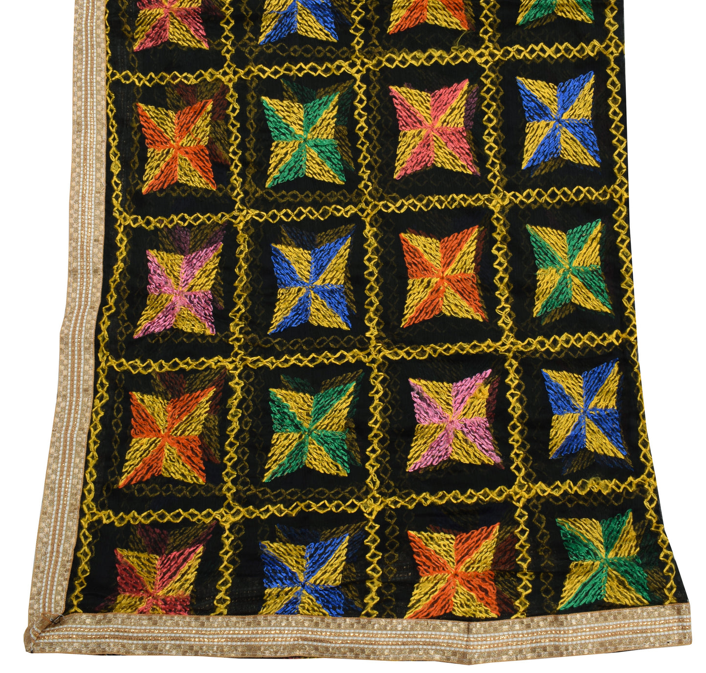 Sushila Vintage Black Dupatta Blend Chiffon Silk Phulkari Embroidered Long Stole