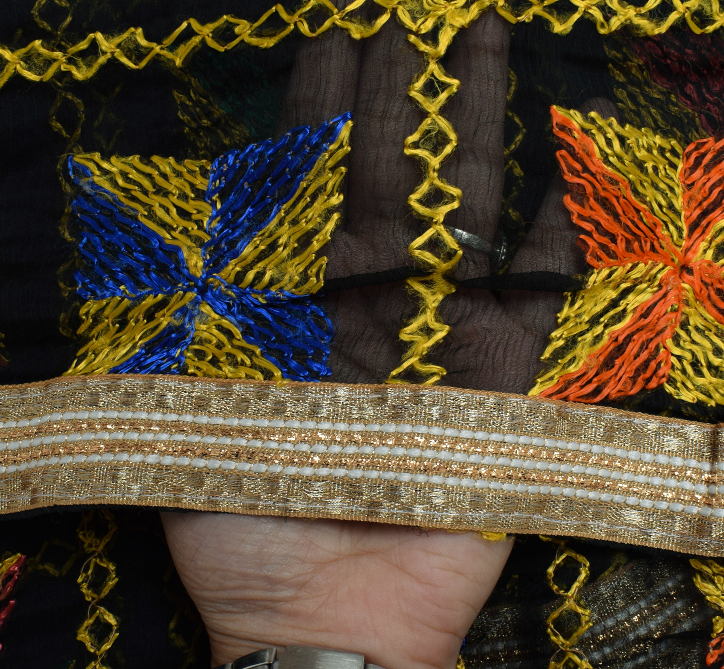 Sushila Vintage Black Dupatta Blend Chiffon Silk Phulkari Embroidered Long Stole