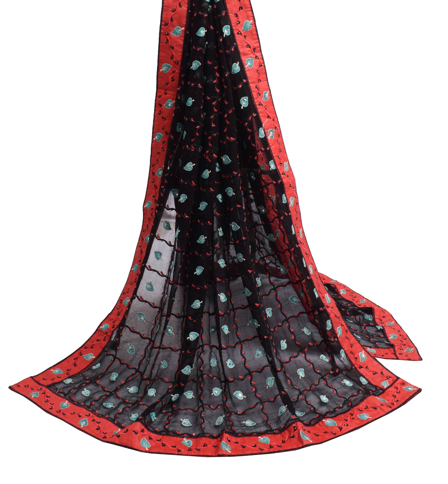 Sushila Vintage Black Dupatta Pure Georgette Silk Embroidered Long Stole Scarves