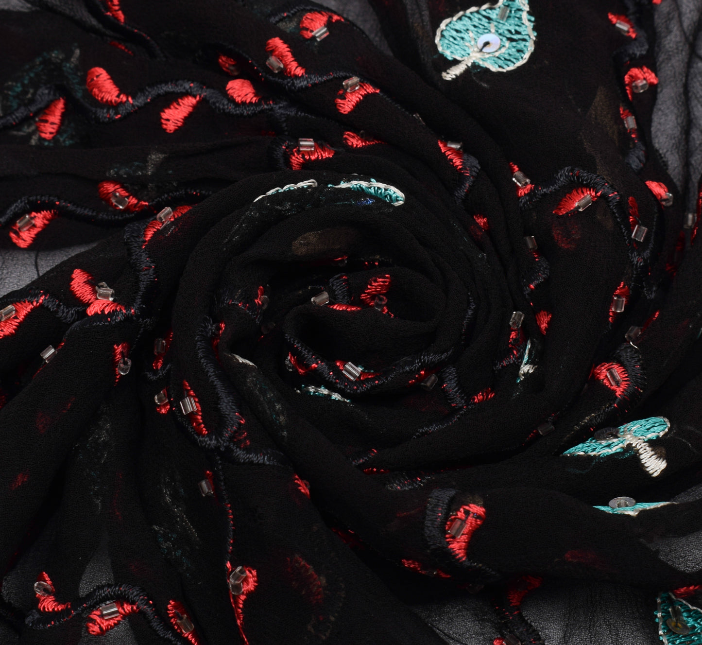 Sushila Vintage Black Dupatta Pure Georgette Silk Embroidered Long Stole Scarves