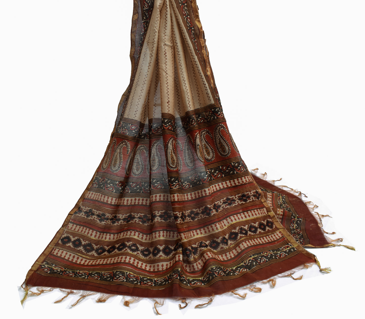 Sushila Vintage Light Brown Indian Dupatta Pure Cotton Printed Long Stole Hijab