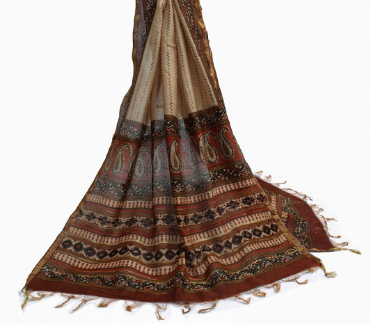 Sushila Vintage Light Brown Indian Dupatta Pure Cotton Printed Long Stole Hijab
