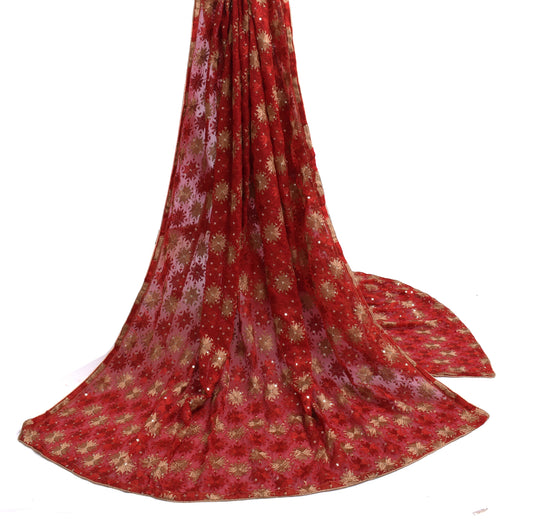 Sushila Vintage Red Dupatta Blend Chiffon Silk Phulkari Embroidered Long Stole