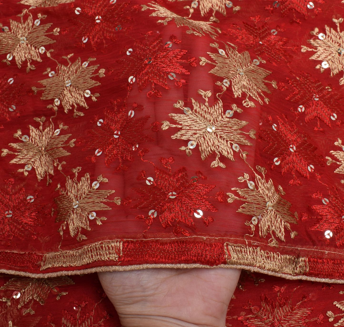 Sushila Vintage Red Dupatta Blend Chiffon Silk Phulkari Embroidered Long Stole