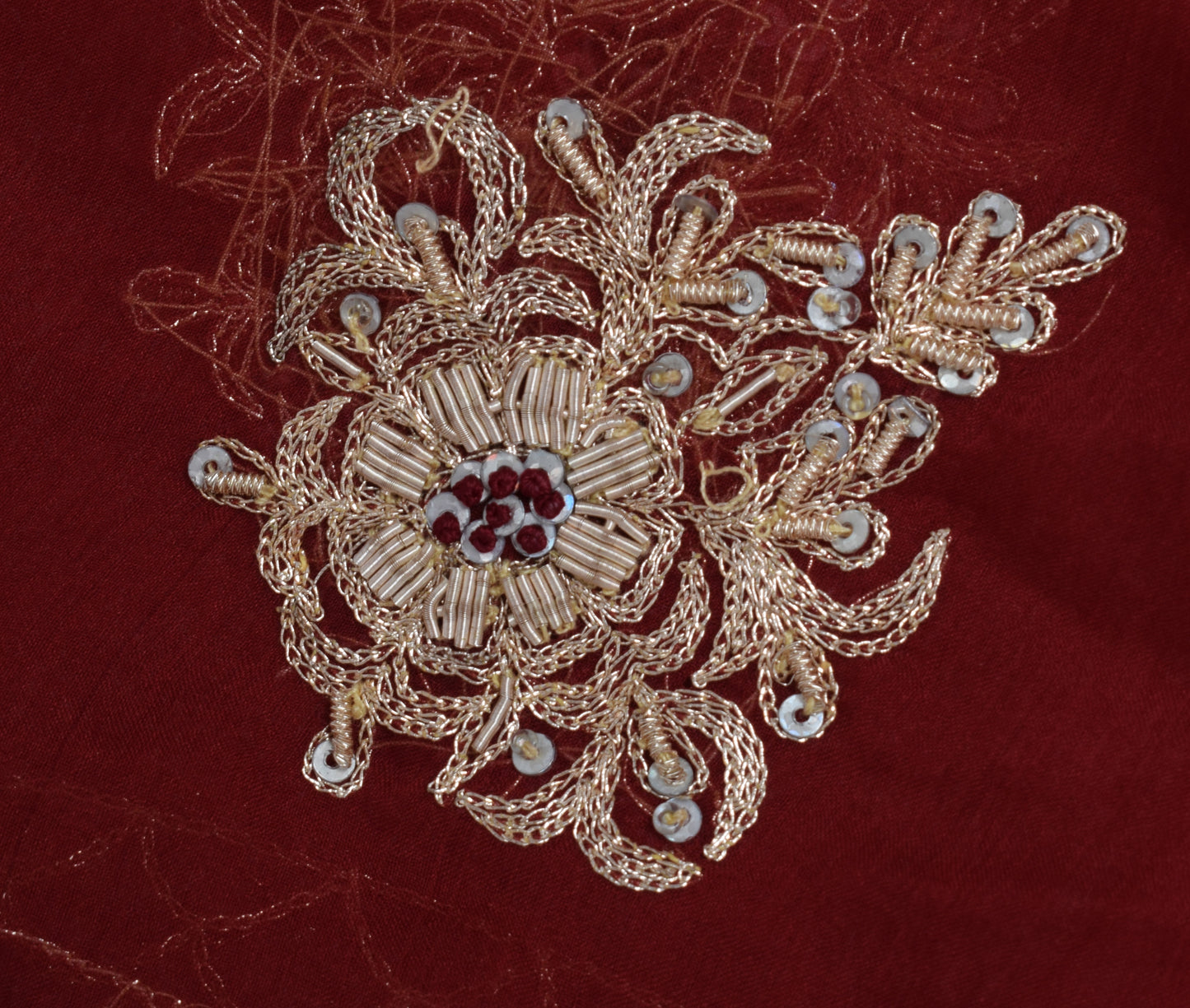 Sushila Vintage Maroon Dupatta Blend Chiffon Silk Hand Beaded Zardozi Long Stole