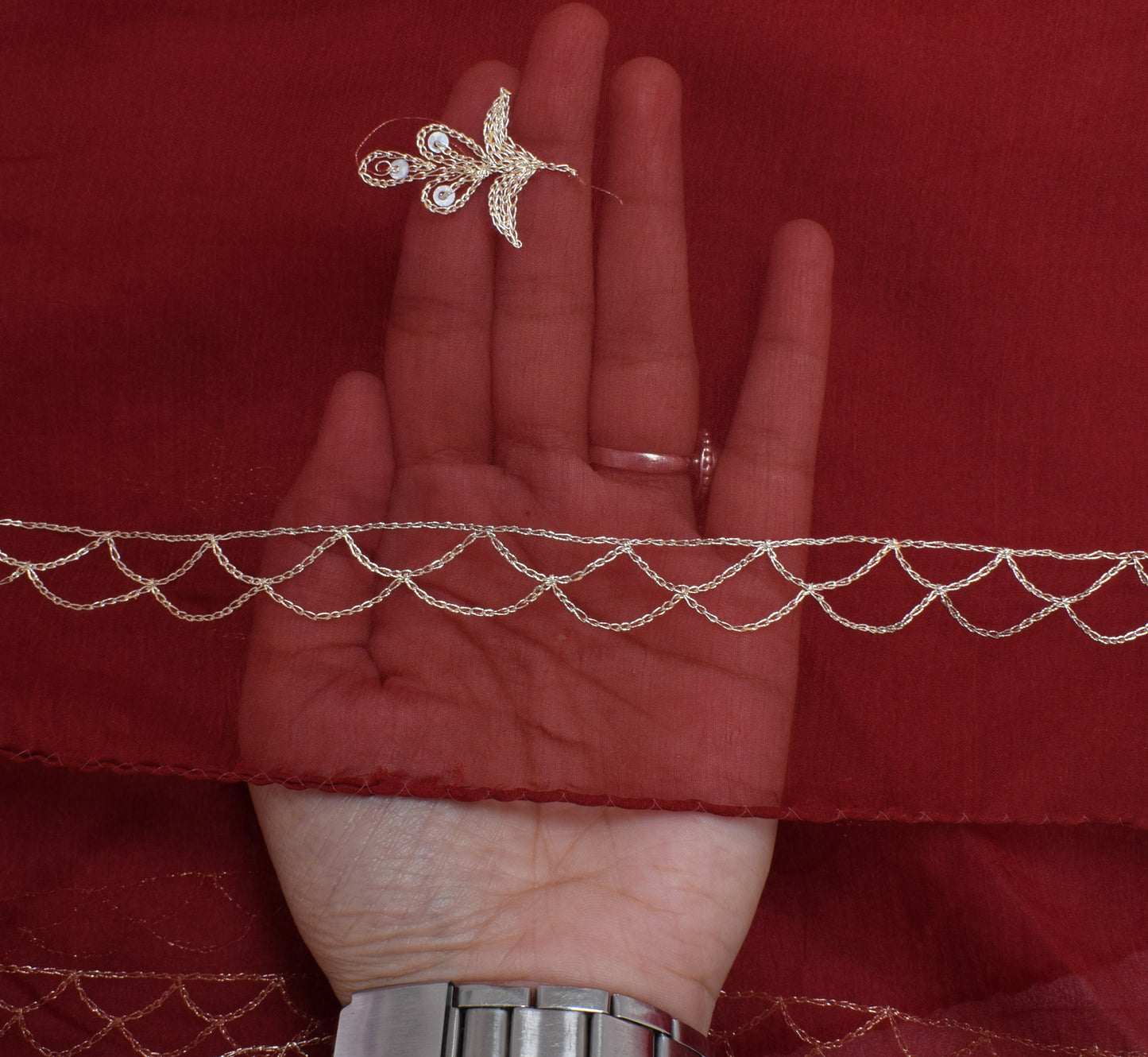 Sushila Vintage Maroon Dupatta Blend Chiffon Silk Hand Beaded Zardozi Long Stole