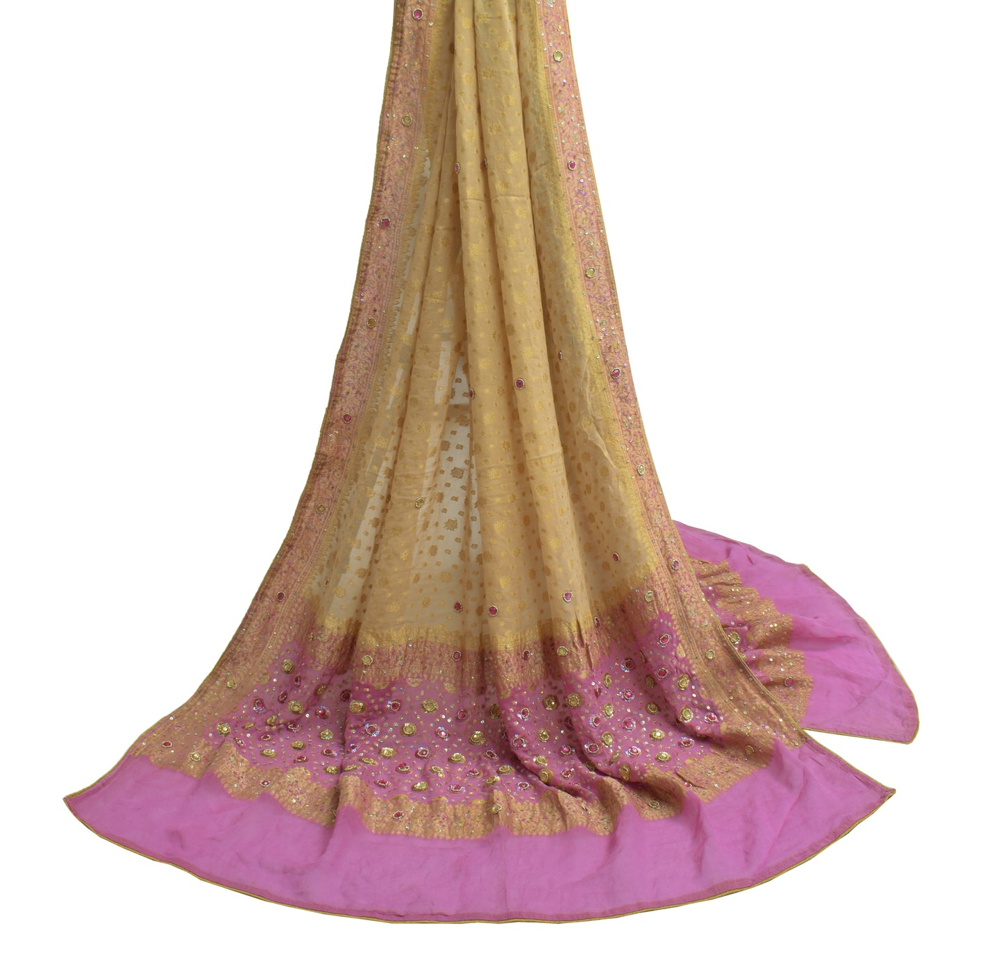 Sushila Vintage Indian Dupatta Pure Georgette Silk Hand Beaded & Woven Long Veil