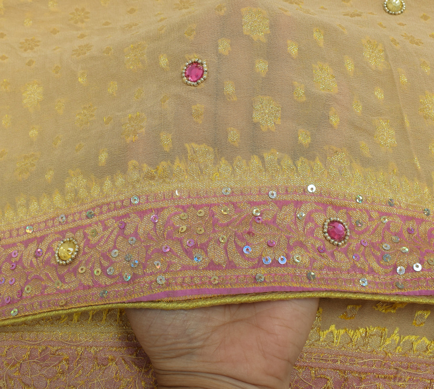 Sushila Vintage Indian Dupatta Pure Georgette Silk Hand Beaded & Woven Long Veil
