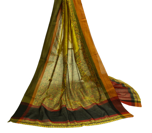 Sushila Vintage Green Dupatta Pure Cotton Madhubani Printed Long Stole Hijab