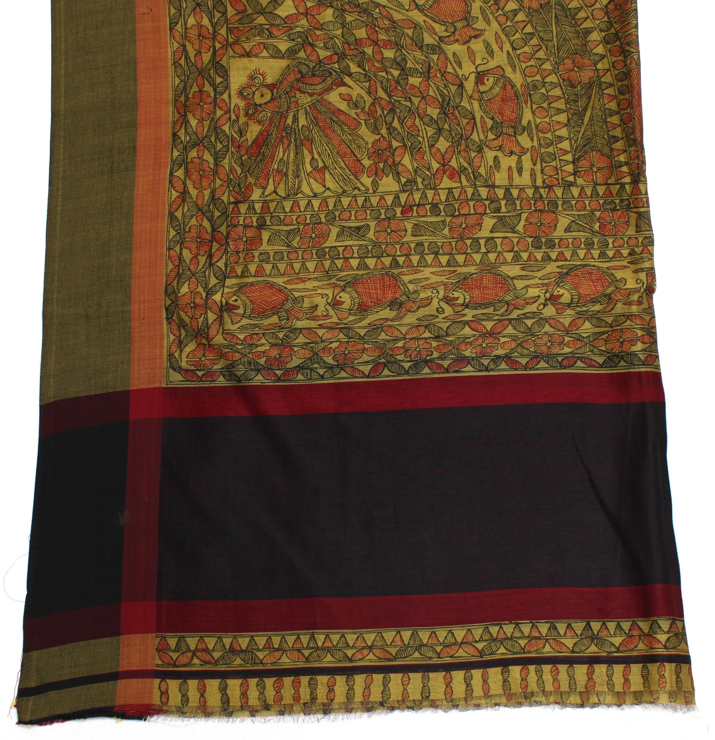 Sushila Vintage Green Dupatta Pure Cotton Madhubani Printed Long Stole Hijab