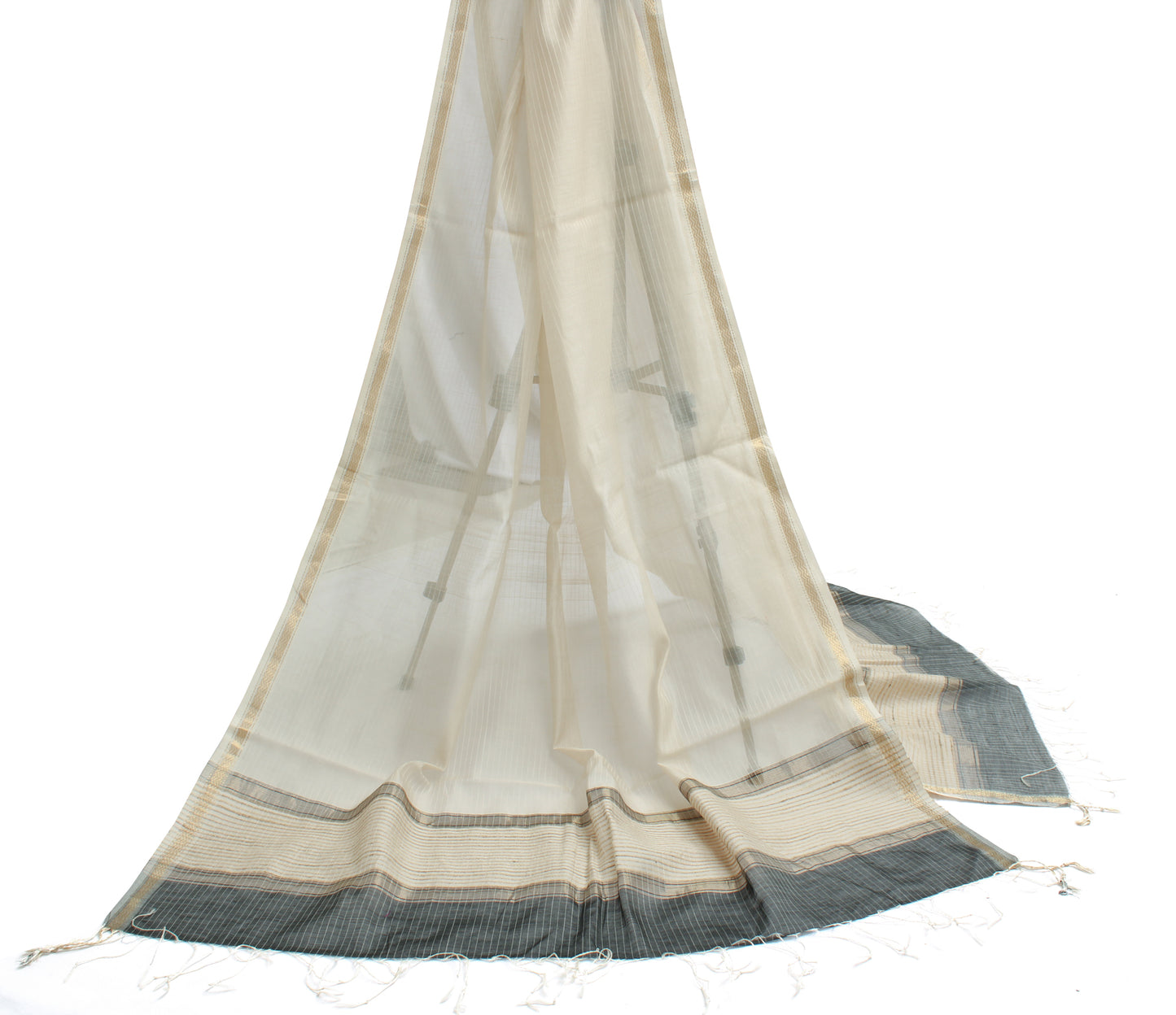Sushila Vintage Cream Indian Dupatta 100% Pure Silk Woven Long Stole Veil