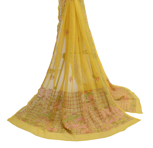 Sushila Vintage Yellow Dupatta Blend Georgette Silk Hand Embroidered Long Stole