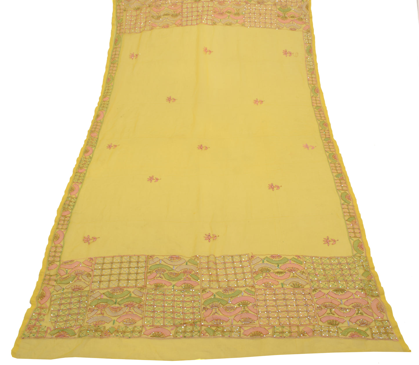Sushila Vintage Yellow Dupatta Blend Georgette Silk Hand Embroidered Long Stole