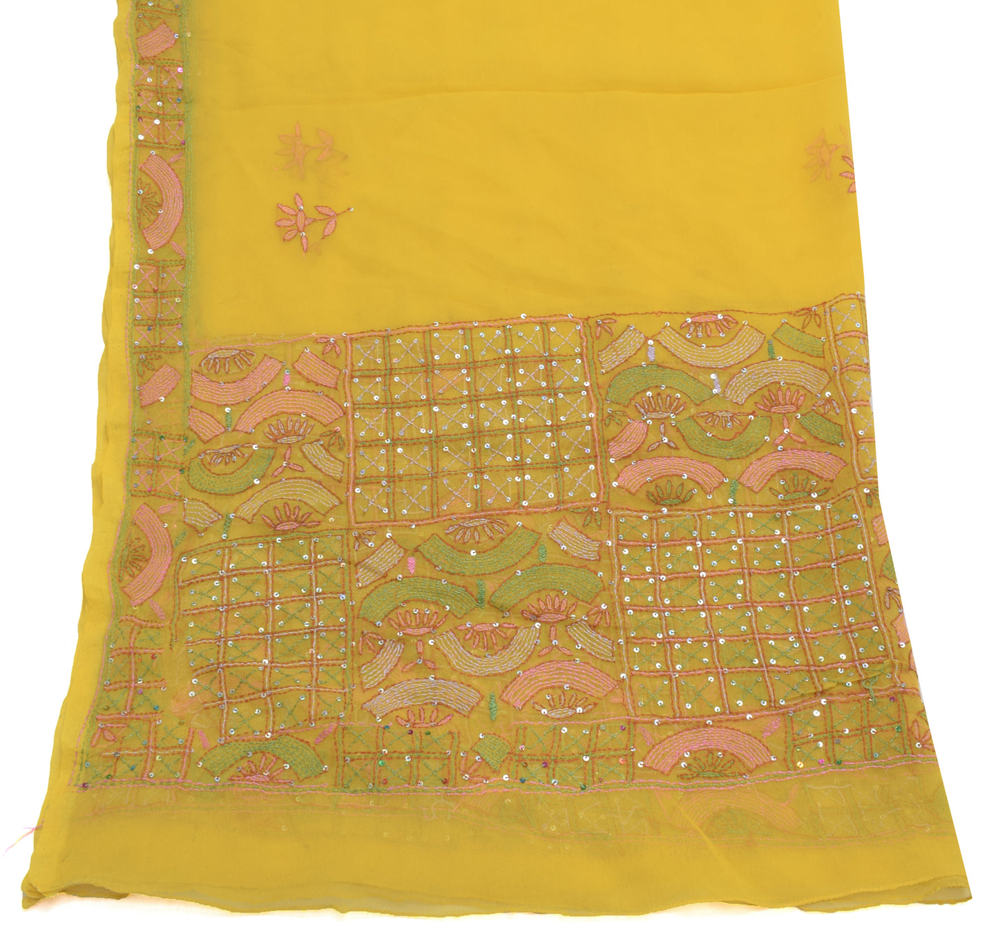 Sushila Vintage Yellow Dupatta Blend Georgette Silk Hand Embroidered Long Stole