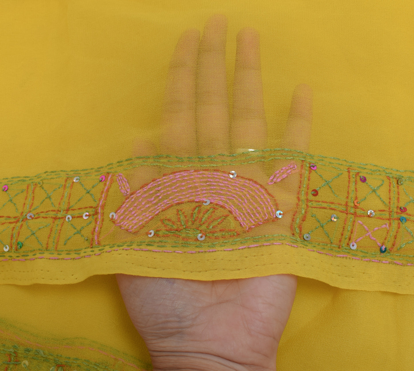 Sushila Vintage Yellow Dupatta Blend Georgette Silk Hand Embroidered Long Stole
