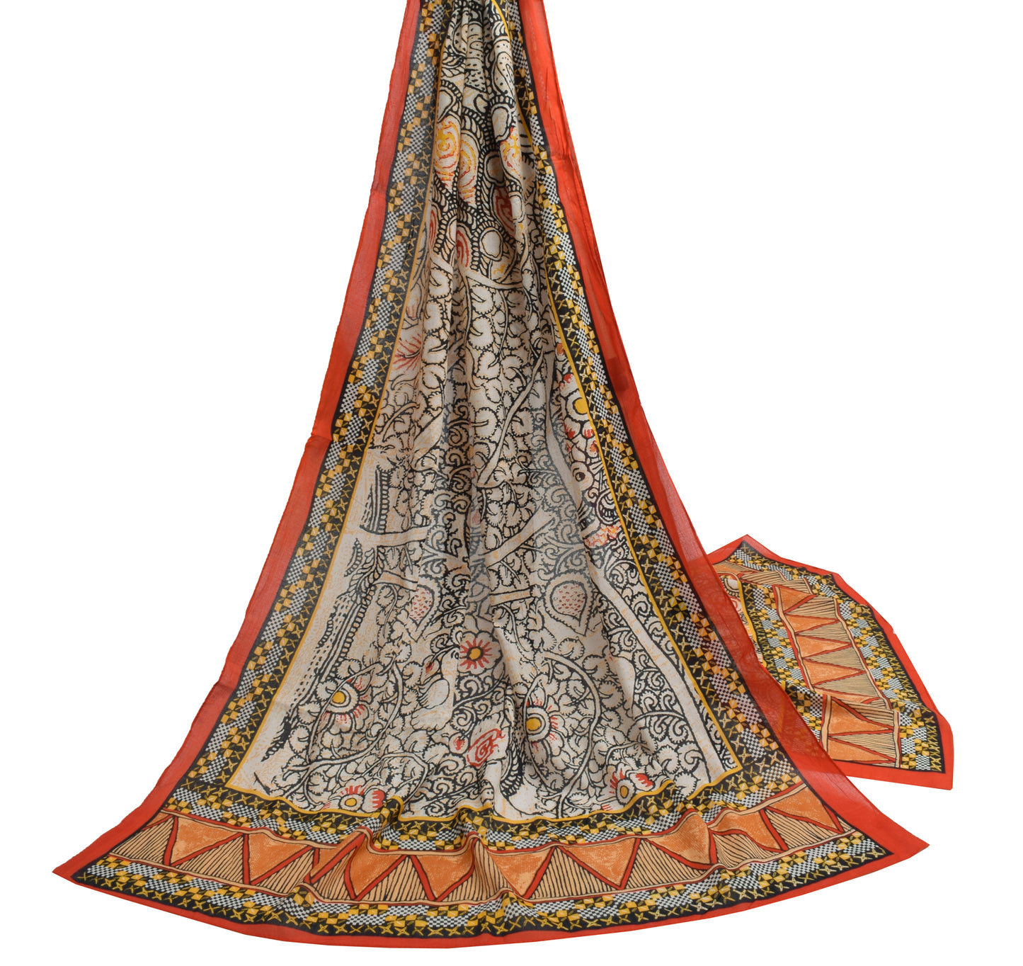Sushila Vintage Cream Dupatta 100% Pure Cotton Peacock Printed Long Stole Veil