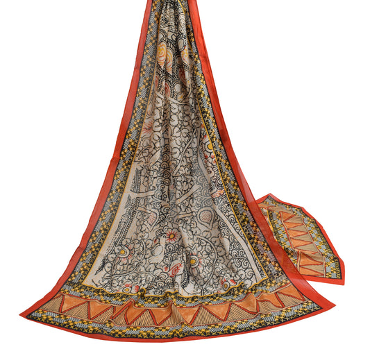 Sushila Vintage Cream Dupatta 100% Pure Cotton Peacock Printed Long Stole Veil