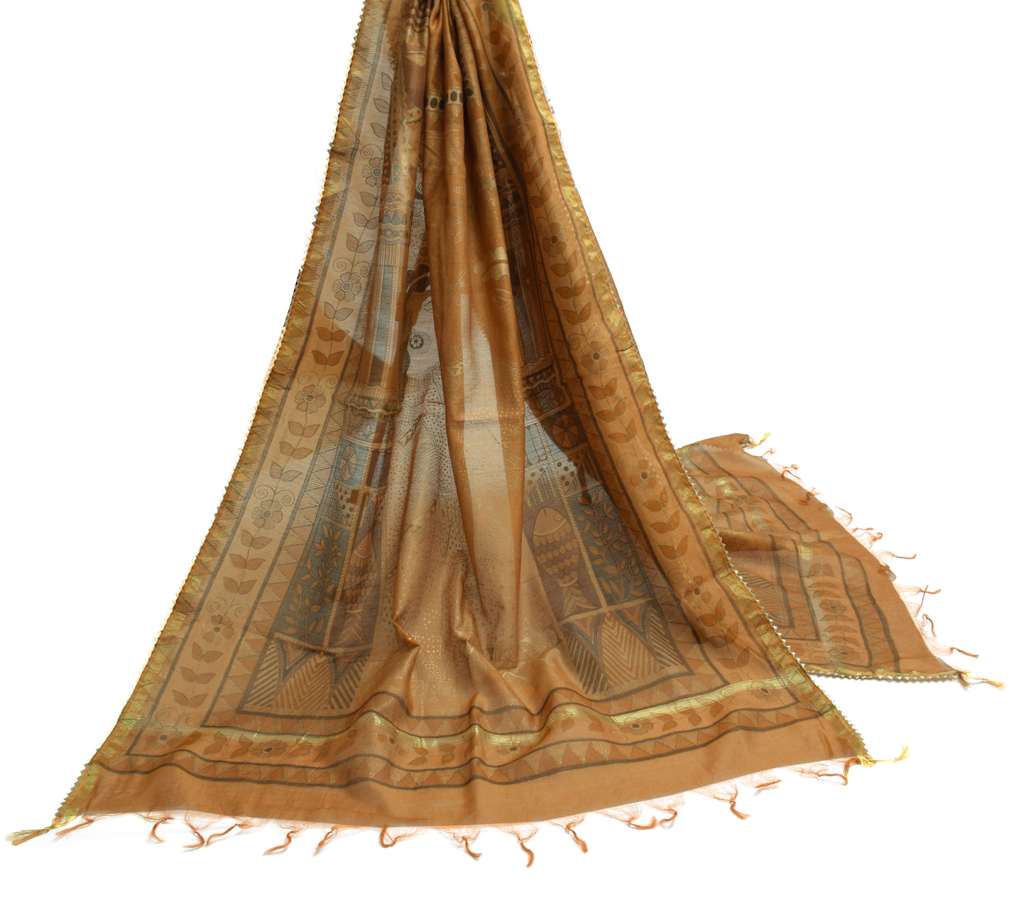 Sushila Vintage Indian Brown Dupatta 100% Pure Silk Printed Long Stole Scarves