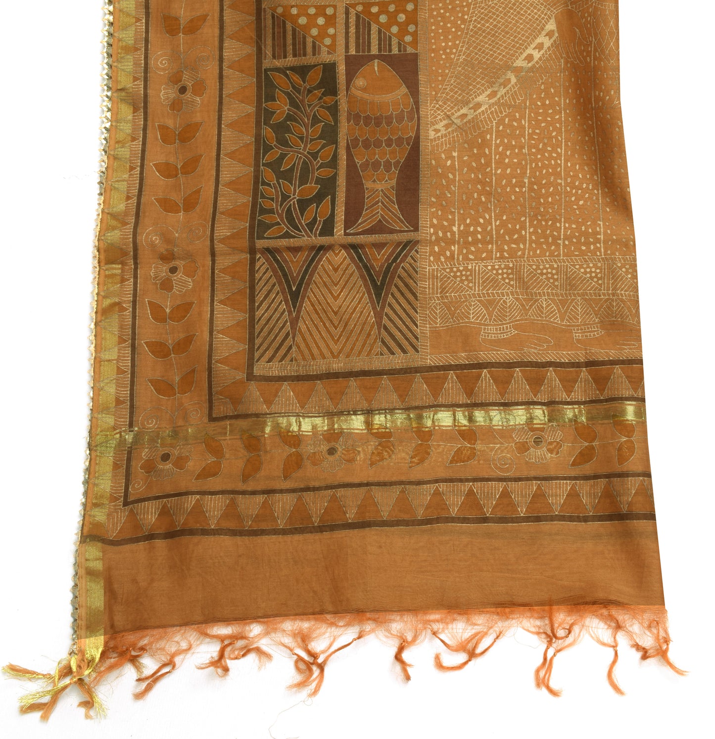 Sushila Vintage Indian Brown Dupatta 100% Pure Silk Printed Long Stole Scarves