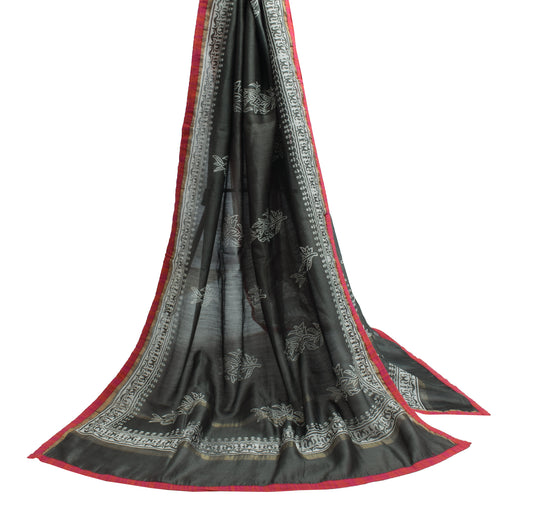 Sushila Vintage Indian Gray Dupatta 100% Pure Silk Printed Long Stole Hijab