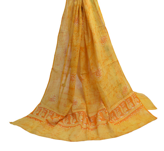 Sushila Vintage Yellow Dupatta 100% Pure Cotton Batik Printed Long Stole Veil