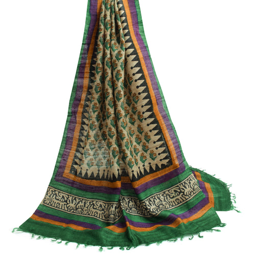Sushila Vintage Light Brown Dupatta Pure Khadi Hand Printed Long Stole Veil