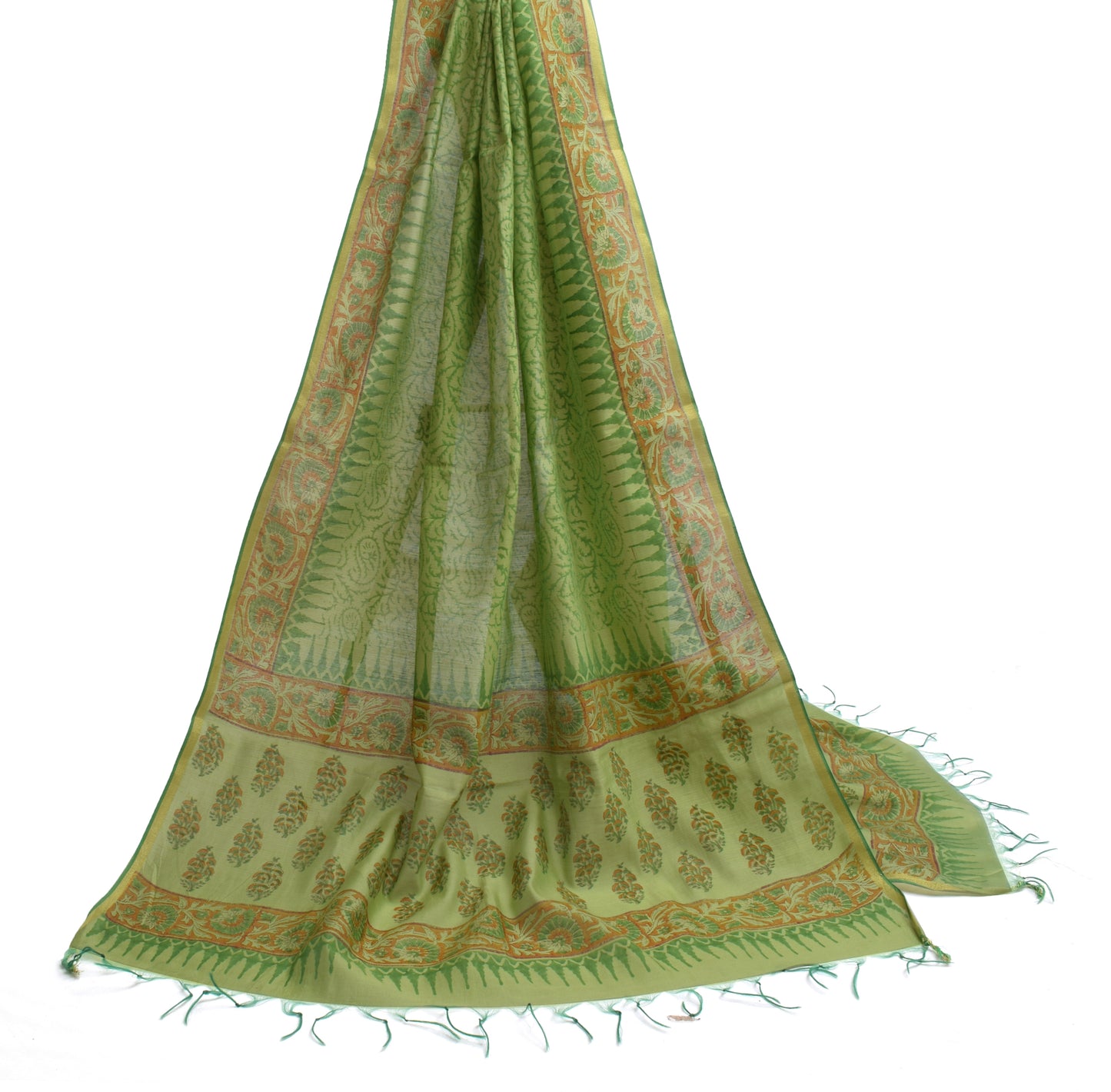Sushila Vintage Green Dupatta Pure Cotton Hand Block Printed Long Stole Hijab