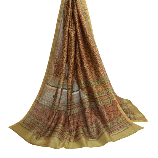Sushila Vintage Brown Indian Dupatta Pure Cotton Hand Block Long Stole Veil Wrap
