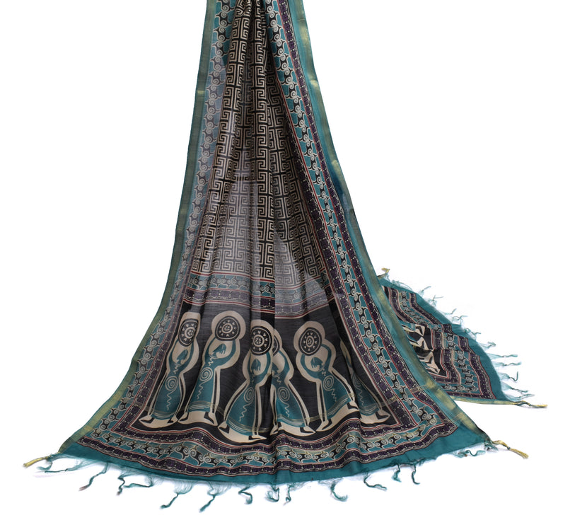 Sushila Vintage Black Indian Dupatta 100% Pure Silk Printed Long Stole Scarves