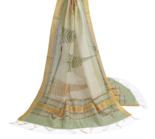 Sushila Vintage Indian Cream Dupatta 100% Pure Silk Printed Long Stole Scarves