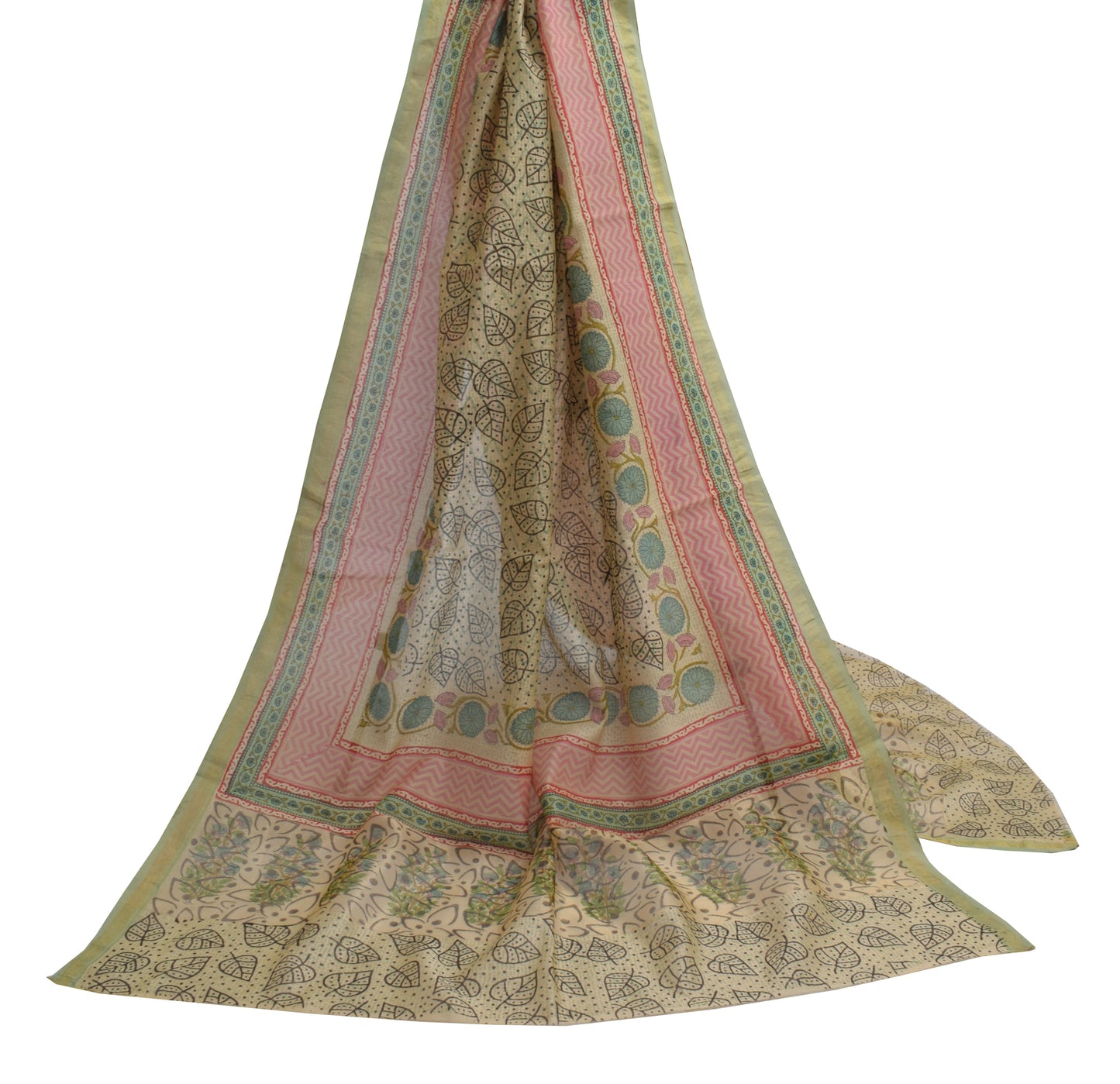 Sushila Vintage Indian Cream Dupatta 100% Pure Silk Printed Long Stole Veil