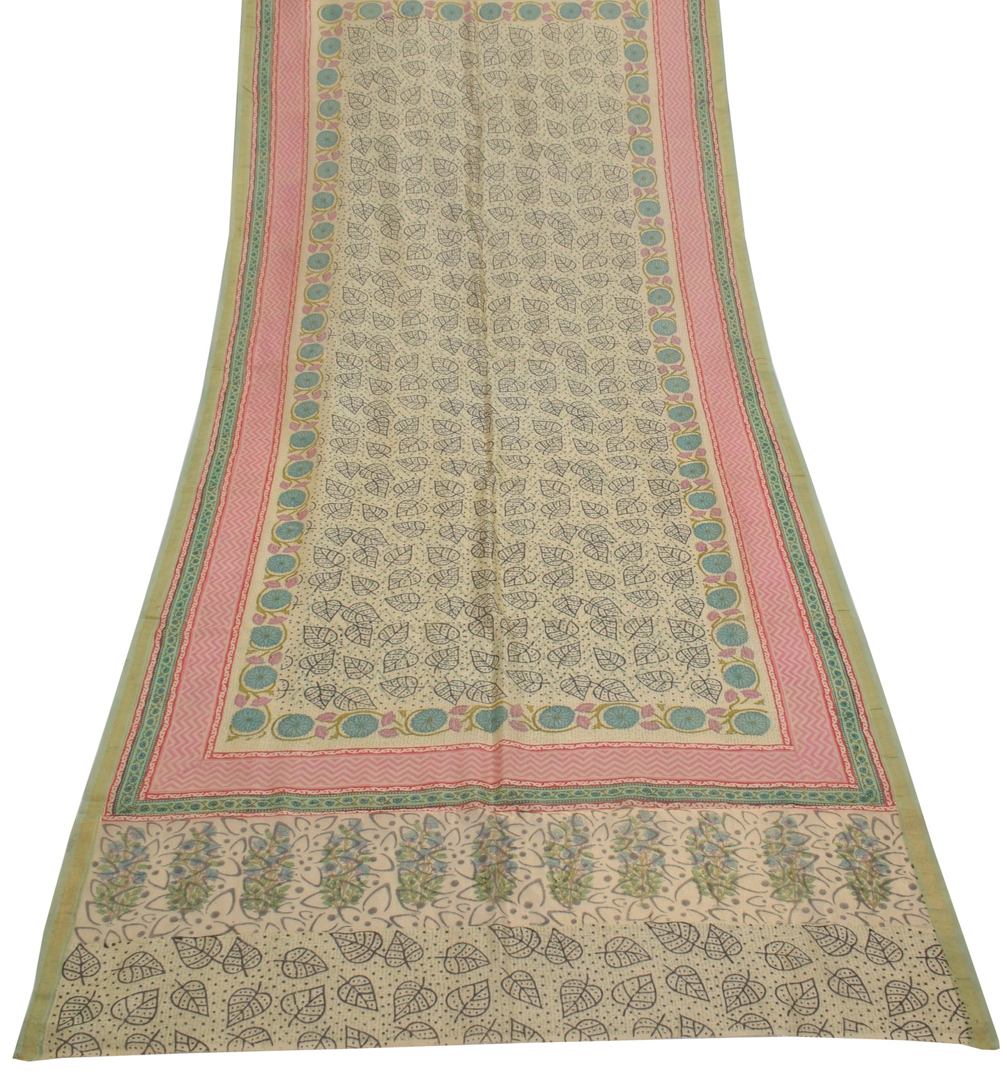 Sushila Vintage Indian Cream Dupatta 100% Pure Silk Printed Long Stole Veil