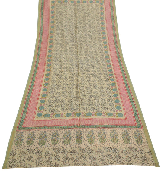 Sushila Vintage Indian Cream Dupatta 100% Pure Silk Printed Long Stole Veil