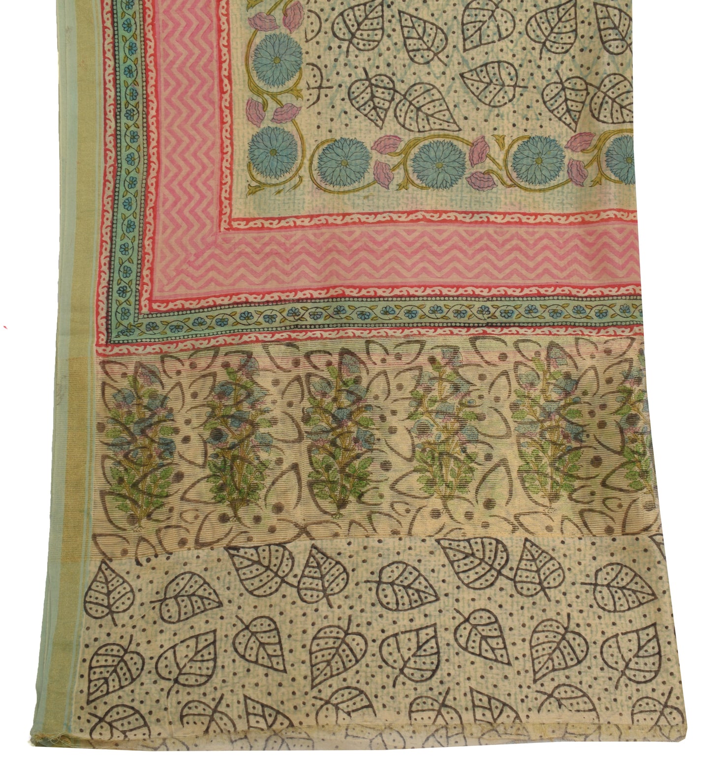 Sushila Vintage Indian Cream Dupatta 100% Pure Silk Printed Long Stole Veil