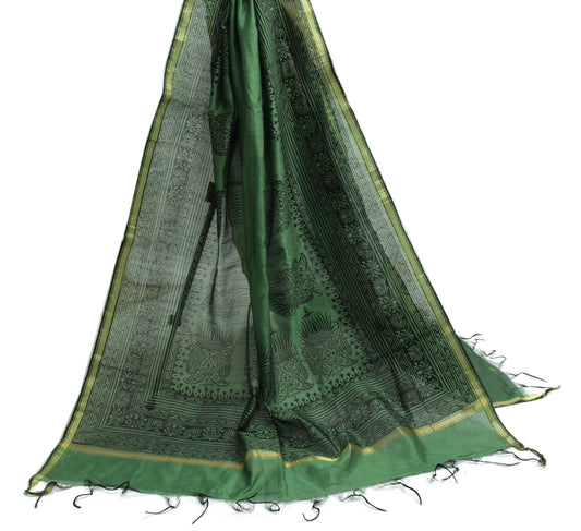 Sushila Vintage Indian Green Dupatta Blend Silk Hand Block Printed Long Stole