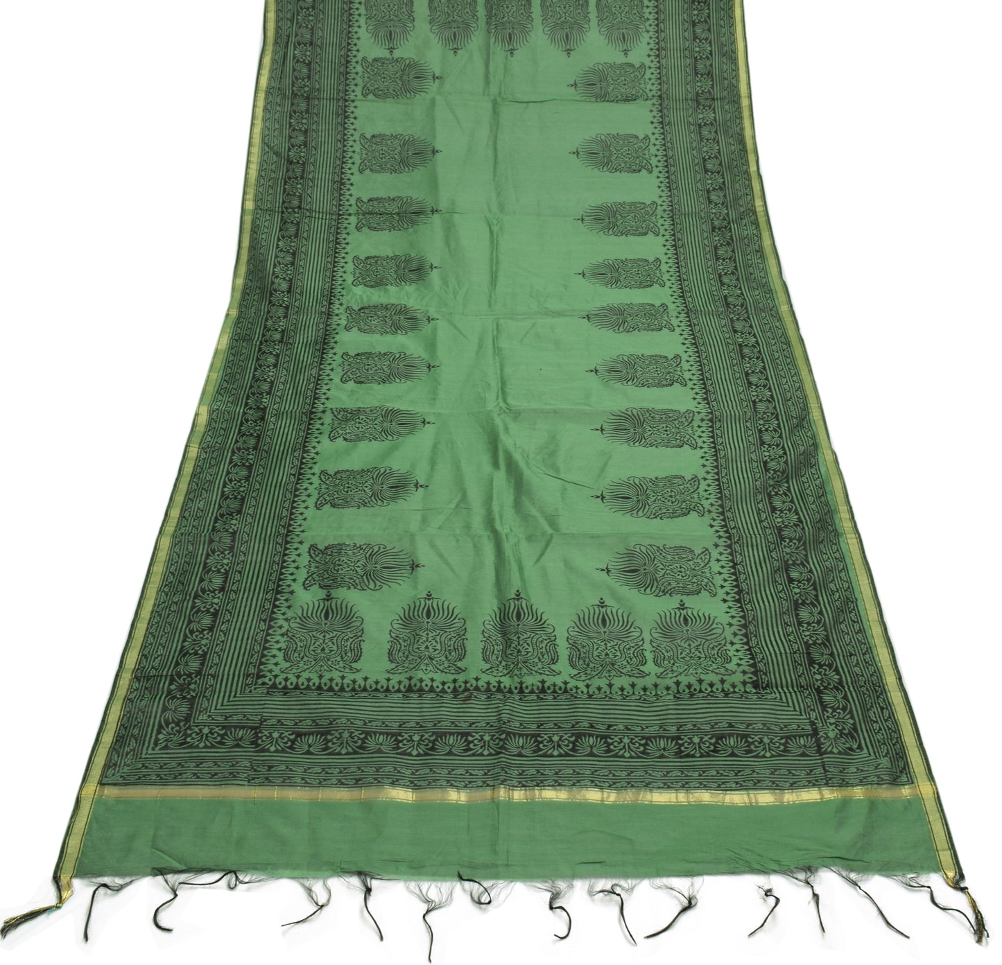 Sushila Vintage Indian Green Dupatta Blend Silk Hand Block Printed Long Stole