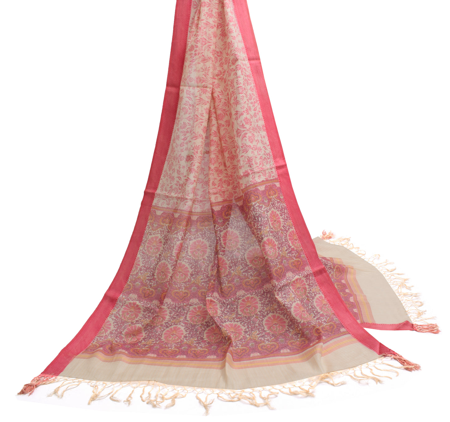 Sushila Vintage Indian Cream Dupatta 100% Pure Silk Printed Long Stole Scarves