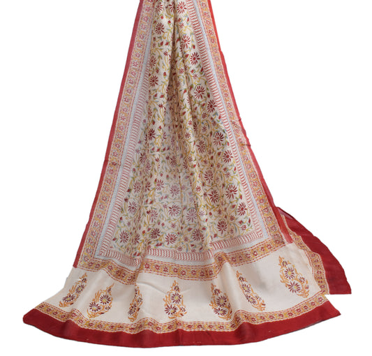Sushila Vintage Cream Dupatta 100% Pure Silk Hand Printed Long Stole Hijab