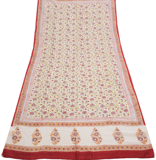 Sushila Vintage Cream Dupatta 100% Pure Silk Hand Printed Long Stole Hijab
