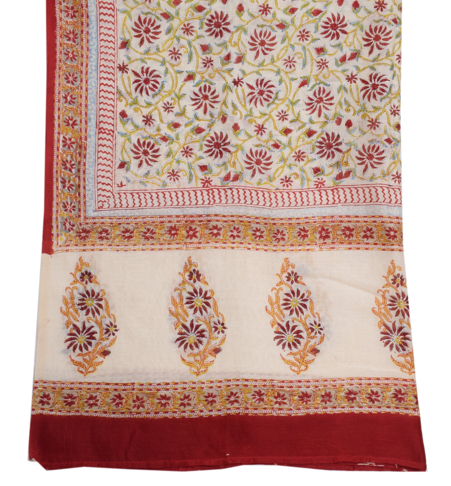 Sushila Vintage Cream Dupatta 100% Pure Silk Hand Printed Long Stole Hijab